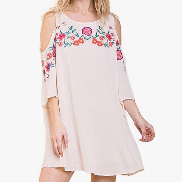 Umgee Floral Embroidered Angel Sleeve Mini Dress - Gray Size Small - Picture 2 of 9